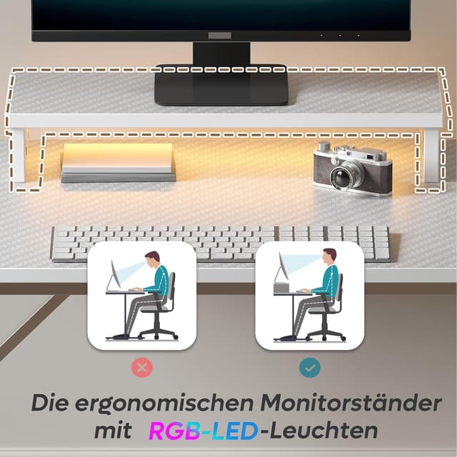 Detalle 2 de Bestier Scrivania da gioco con LED RGB, supporto monitor e superficie in fibra di carbonio (bianco, 106 cm)