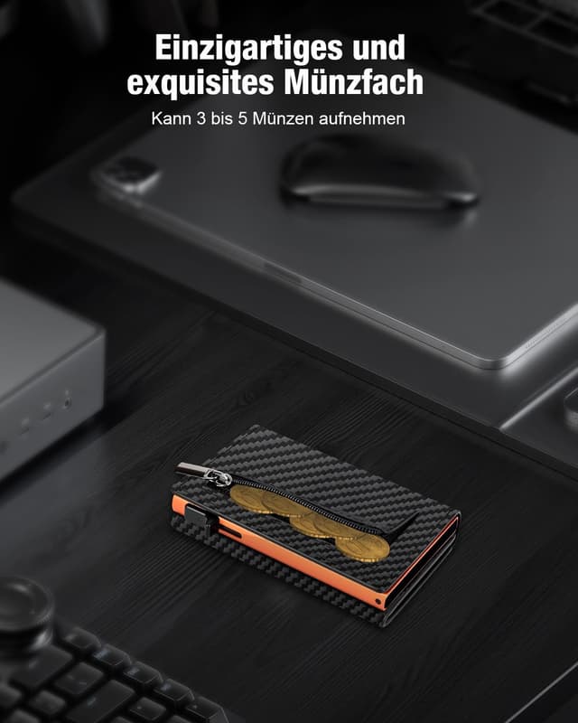 Thumbnail 6 de Slim Kartenetui für Herren mit Münzfach & ID-Fenster – Schwarz/Orange