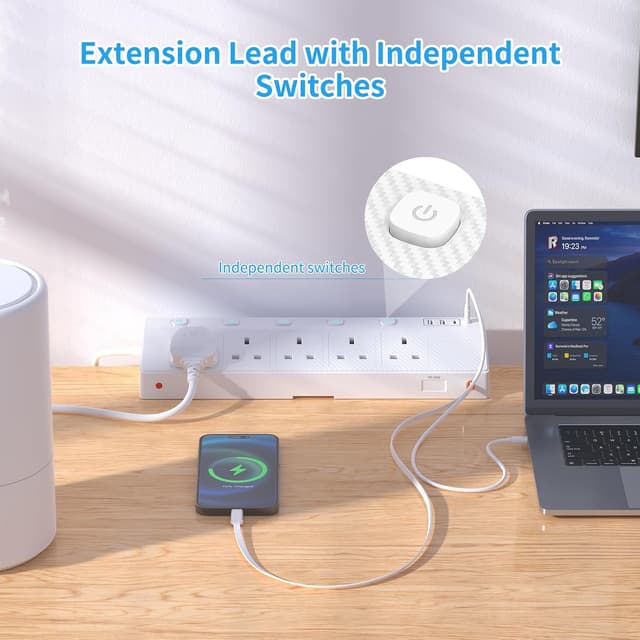 Detalle de STGAROT Desk Extension Lead 1.8M with PD 30W retractable USB-C cable, 5-way power strip and desk clamp