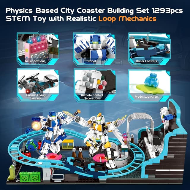 Detalle 2 de Rongmeiz Space Roller Coaster Building (1257 Teile) – Kreatives STEM-Bauprojekt mit Raketen-Launch & Satellitenstation