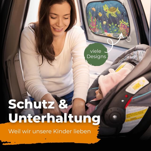 Detalle de CARAMAZ Sonnenschutz Auto Baby mit zertifiziertem UV-Schutz, universell 48 x 30 cm (2er-Set) – Motiv Grün-Turtle
