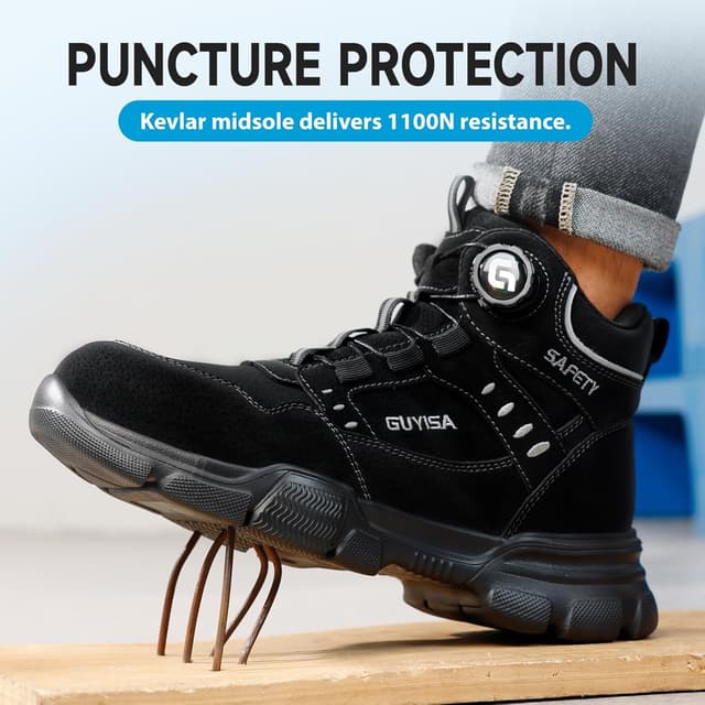 Detalle de GUSAYEX men’s lightweight steel toe cap safety boots with puncture-resistant midsole and quick swivel buckle lacing