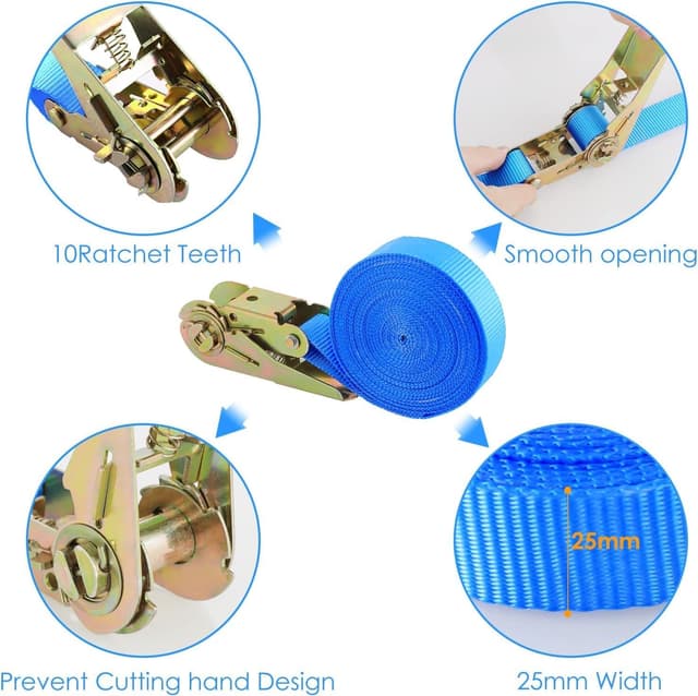 Detalle de TLGREEN Confezione da 10 cinghie di ancoraggio con cricchetto da 6 m (25 mm), portata 800 kg, blu