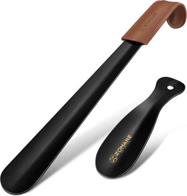 Detalle de ZOMAKE calzador de zapatos 2 piezas (42 cm y 19 cm) con mango de cuero, negro