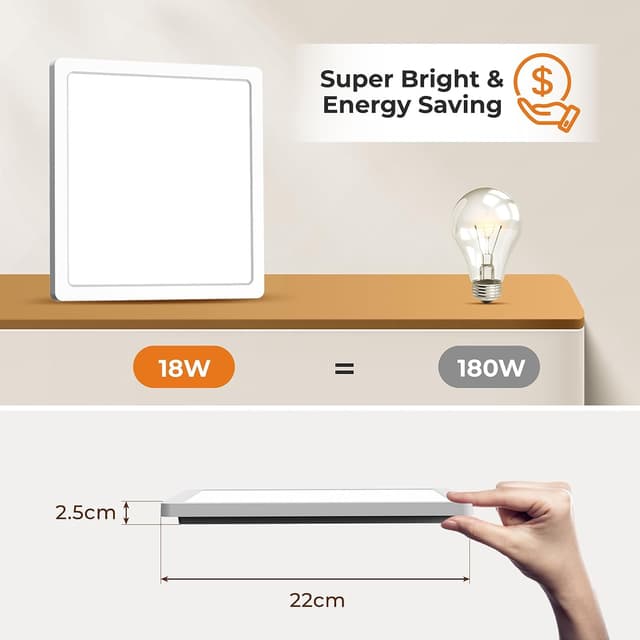 Detalle de BLNAN 2er-Set LED Deckenleuchte 18W, flaches Panel mit 3 Farbtemperaturen (22 cm)
