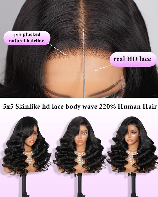 Detalle de luvobo 5x5 HD Lace Closure Wig (Human Hair, 32 Inch, 220% Density) Glueless Body Wave