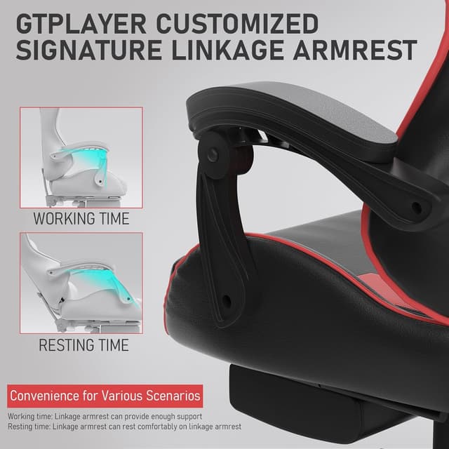 Detalle de Confortil Chaise Gaming Ergonomique avec repose-pieds rétractable et appui-tête réglable, noir et rouge