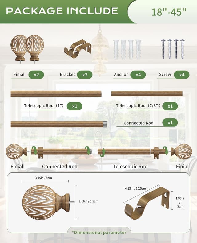 Thumbnail 5 de KVEEO Wood Curtain Rod Adjustable 18–45 Inch