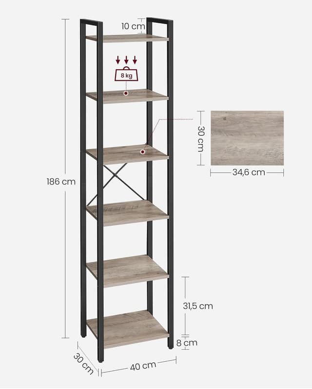 Detalle de VASAGLE scaffale a 6 ripiani LLS101B02 stile industriale greige e nero, 30 x 40 x 186 cm