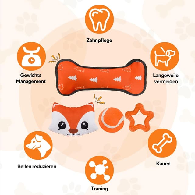 Detalle de LIFLIX Welpenspielzeug für kleine Hunde (4-teilig) – Fuchs-Plüsch mit Quietsch & Kauspielzeug aus Naturkautschuk