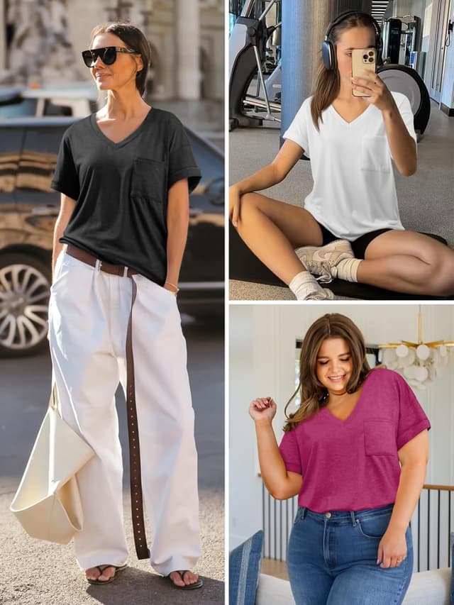 Detalle de ATHMILE Women’s V-Neck Short Sleeve T-Shirts (2026) — Cute Summer Casual Tees, S–XXL