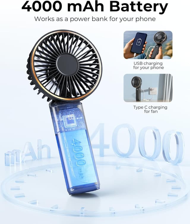 Detalle 2 de TUNISE TUNISE Portable Handheld Fan (Rechargeable, 4000mAh, 6 Speeds, Quiet Under 15 dB) with Real-Time Battery Display
