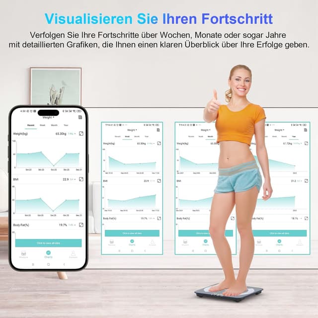 Detalle de Körperfettwaage mit Bluetooth & App (Fitdays) – Smart Digitale Waage für Gewicht, BIA-Werte & mehr, Schwarz