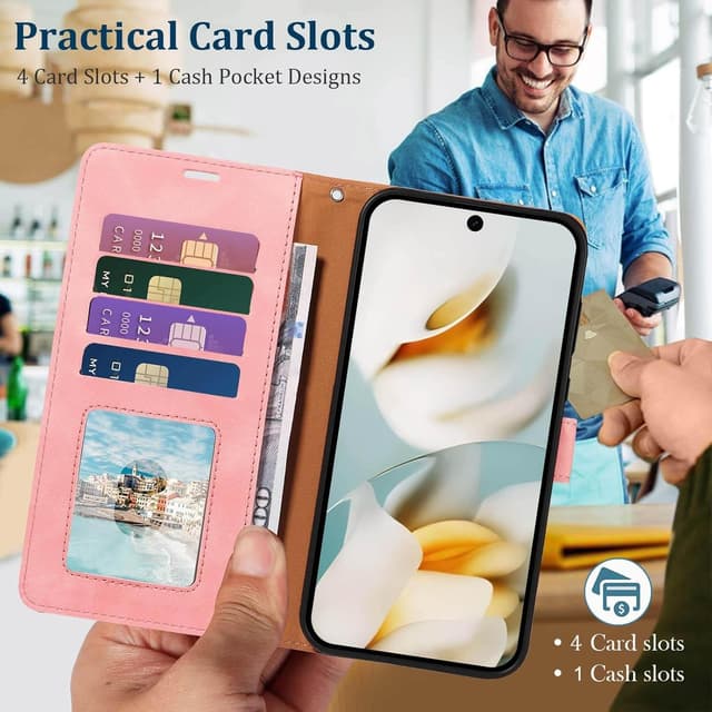 Detalle de GOTOURED for Pixel 9a Case Wallet with RFID blocking, 4 card slots & detachable wrist strap (Pink)