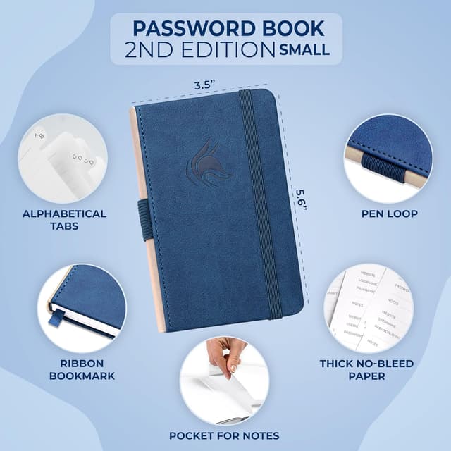 Detalle 2 de Clever Fox Password Book 2nd Edition Small (Pocket) with Laminated Alphabetical Tabs – Smoke Blue