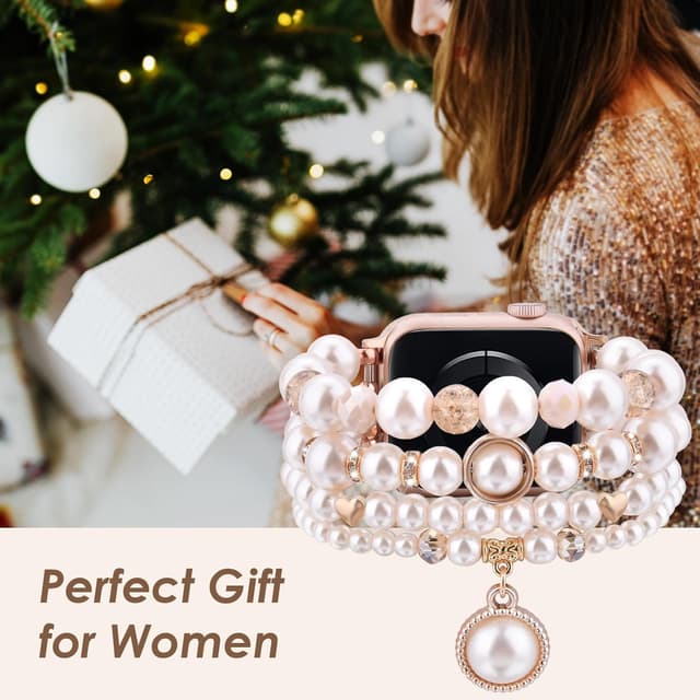 Detalle de VMORO Pearl Bracelet replacement strap for Apple Watch (44mm/46mm/45mm/42mm), light pink