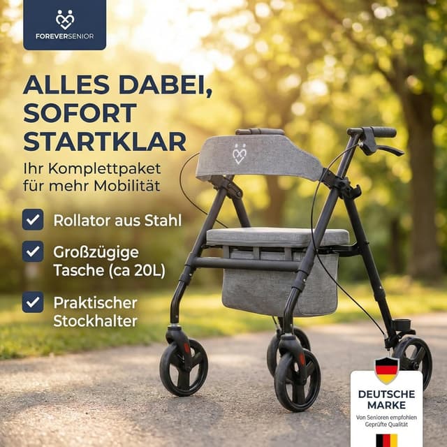 Detalle de ForeverSenior Rollator faltbar & leicht mit Sitz (9 kg) – schmal für Wohnung & Outdoor