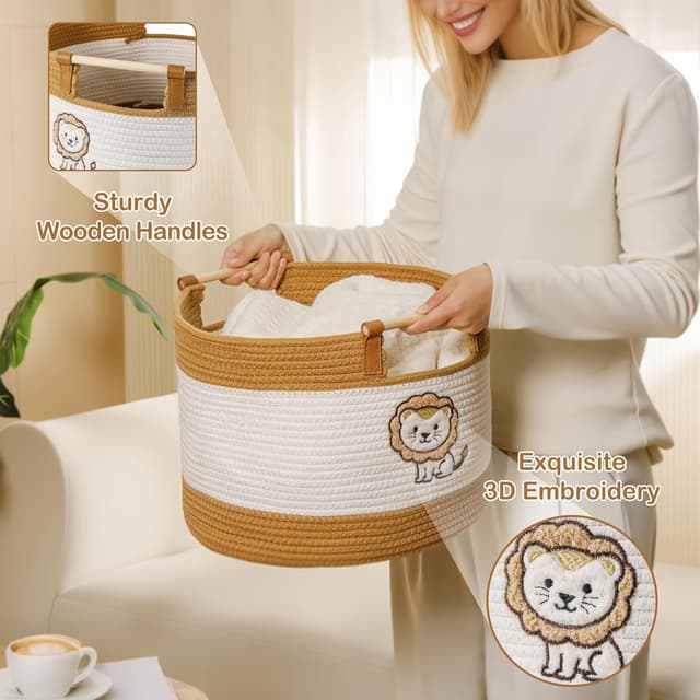 Detalle de Tidelit Baumwollseilkörbe für Kinder – gewebter Spielzeugkorb mit Holzgriffen, 17 l