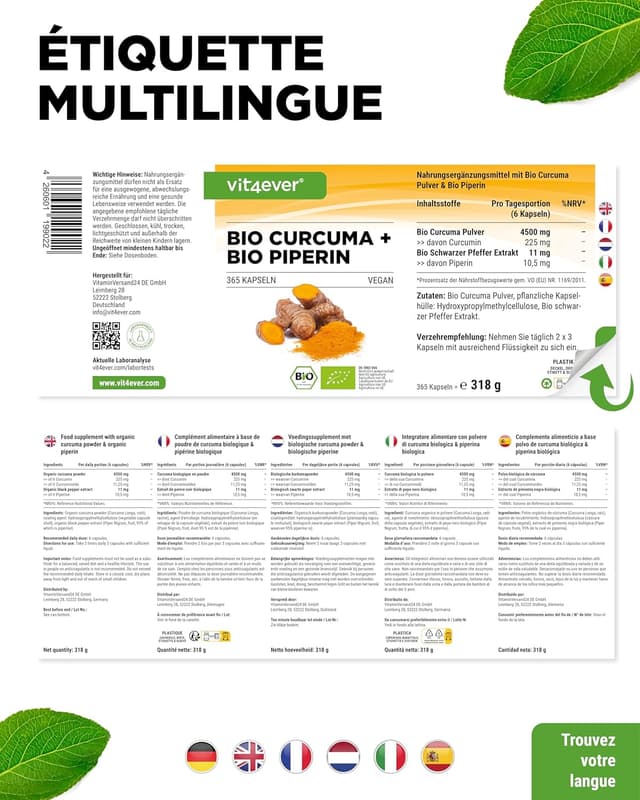 Detalle 2 de vit4ever Curcuma Bio au Poivre Noir – 365 capsules véganes, curcumine & pipérine