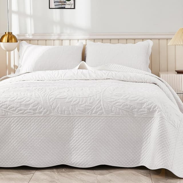 Detalle de MarCielo 3-Piece 100% Cotton Oversized Bedspread Quilt Coverlet Set (Bright White, Oversized King)