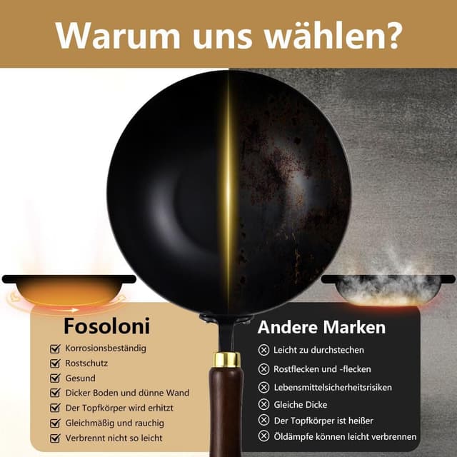 Detalle de Fosoloni Japanische Eisenpfanne mit Holzdeckel-Set (Eisen, unbeschichtet, antihaftfrei)