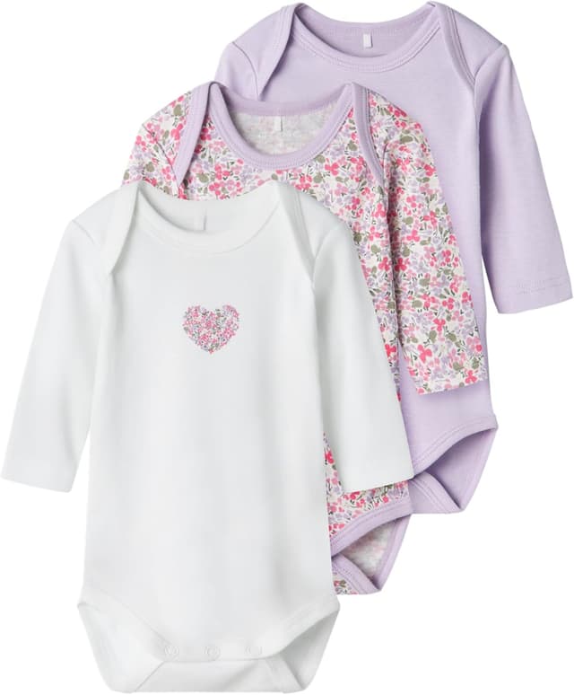 Detalle de NAME IT Nbfbody 3 pezzi con maniche lunghe lilla pastello “Petit Flower”, taglia 9 mesi