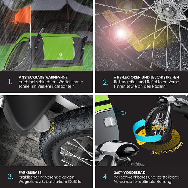 Detalle de KESSER Kinderfahrradanhänger 360° drehbar (2in1 Joggerfunktion) mit Federung und 5-Punkt-Gurt, inkl. Warnfahne