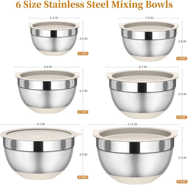 Detalle de Fyrnova 6-Piece Stainless Steel Mixing Bowls Set with Lids and Grater Attachments