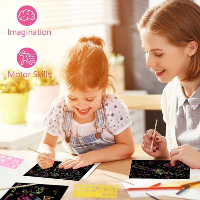 Detalle de Vicloon Kratzbilder Kinder Set (50 Blätter Regenbogen) mit 5 Holzstiften & 4 Schablonen