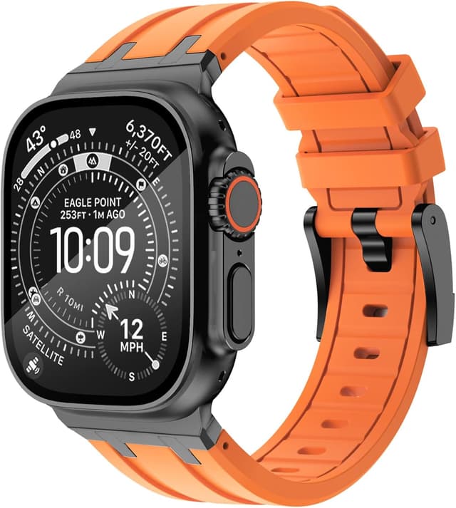 Detalle de NewWays silicone strap for Apple Watch (42mm/41mm/40mm/38mm) with stainless steel connector – Orange/Black