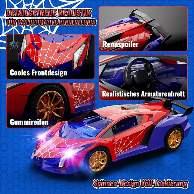 Detalle de Ferngesteuertes Drift-Auto im 1:18 Look mit LED-Augen & Spinnennetz-Design (RC, Rückwärtsfunktion) – Geschenk ab ca. 3 Jahren