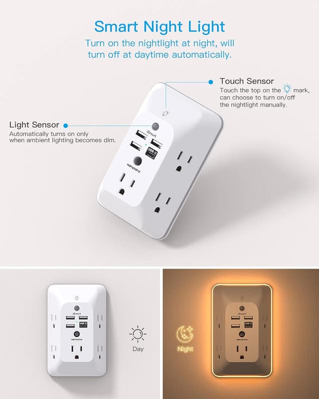 Detalle 2 de HANYCONY Outlet Extender with 4 USB Ports and Night Light 🔌