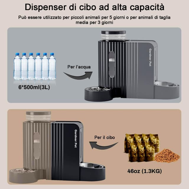 Detalle de Gardner Pet 2 in 1 Distributore automatico non elettrico cibo e acqua per gatti (3L + 1,3 kg) con ciotola inox 304, nero