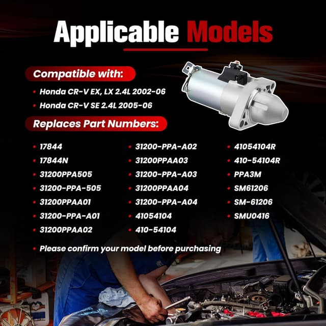 Detalle de 17844N New Starter Compatible with Select 2002-2006 Honda CR-V Models (1.6KW, 12V, 9 Teeth, CW)
