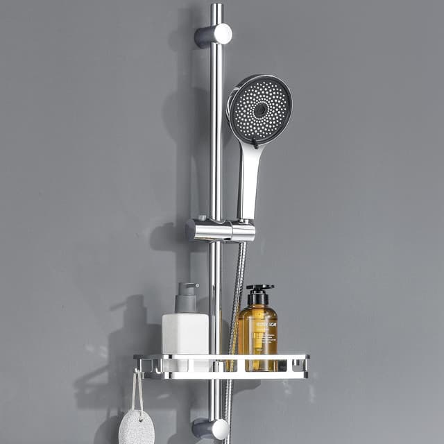 Detalle de Duschstange Komplettset (70 cm) mit 5-fach Handbrause, Edelstahl-Schlauch & Ablage – ohne Duscharmatur, ohne Bohren