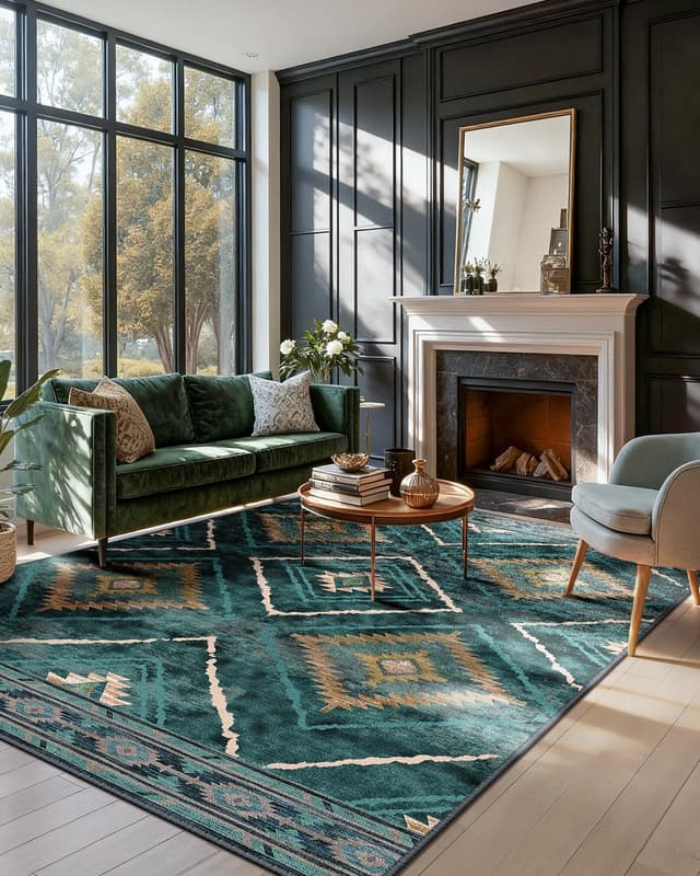 Detalle de Tapis de salon lavable en machine DEFYNEE 180 x 270 cm style marocain, bleu canard