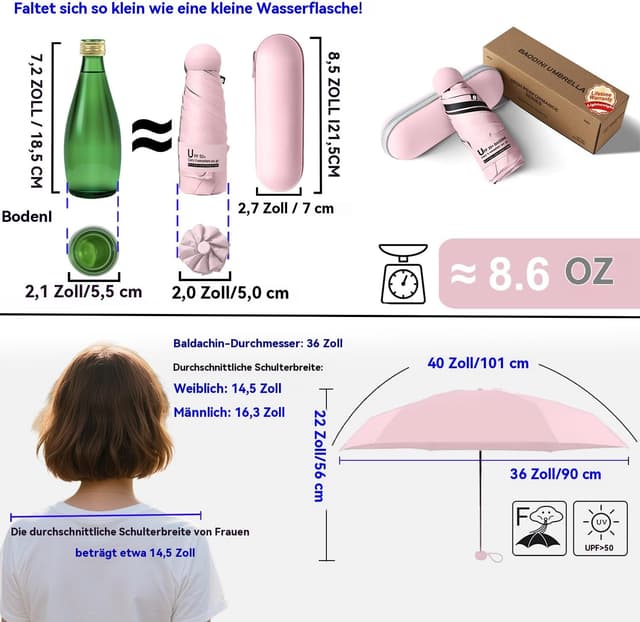 Detalle 2 de BAODINI Reise-Mini-Regenschirm für die Geldbörse mit Etui – kompakter UV-Blockschirm, leicht & taschenfreundlich