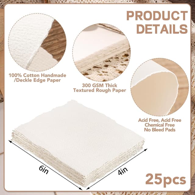 Detalle de Prudiut 25 Sheets Cotton Watercolor Paper (300 GSM), 4 x 6 in, White, Textured, Deckled Edge