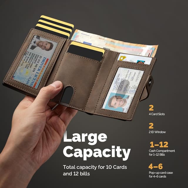 Detalle 2 de YESIIW Crazy Horse Brown RFID Leather Card Holder Wallet with Pop-Up Mechanism (up to 9 cards, 2 ID windows)