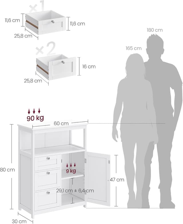 Detalle de VASAGLE Mobile da Bagno BBC542P31V1 con 3 cassetti e ripiani regolabili, 30 x 60 x 80 cm