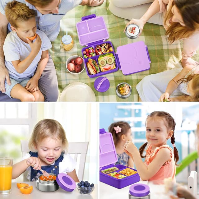 Thumbnail 6 de Kids Bento Lunch Box Set with 8oz Soup Thermo (Leak-Proof) + 4-Compartment Containers, Insulated Lunch Bag - Purple