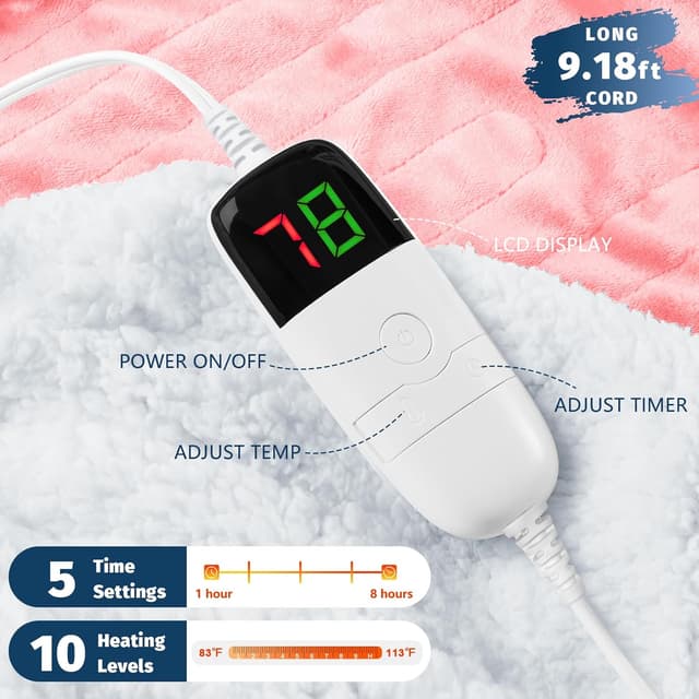 Detalle de BOMOVA Heated Electric Blanket, Full Size 72" x 84" with 10 Heating Levels and 8-Hour Auto Off