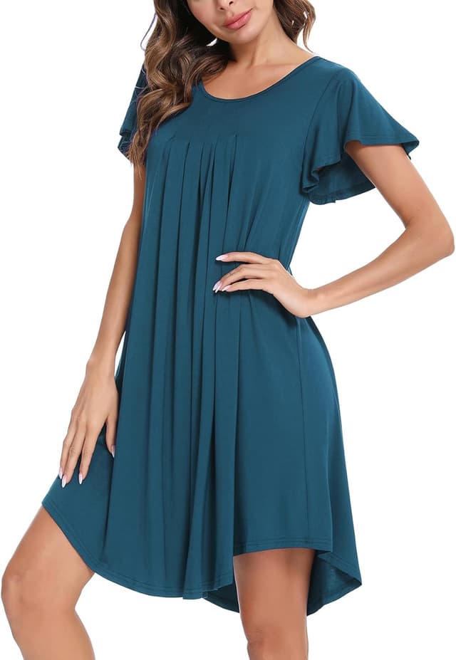 Detalle de Uniexcosm Chemise de nuit femme en coton avec col rond et manches courtes évasées