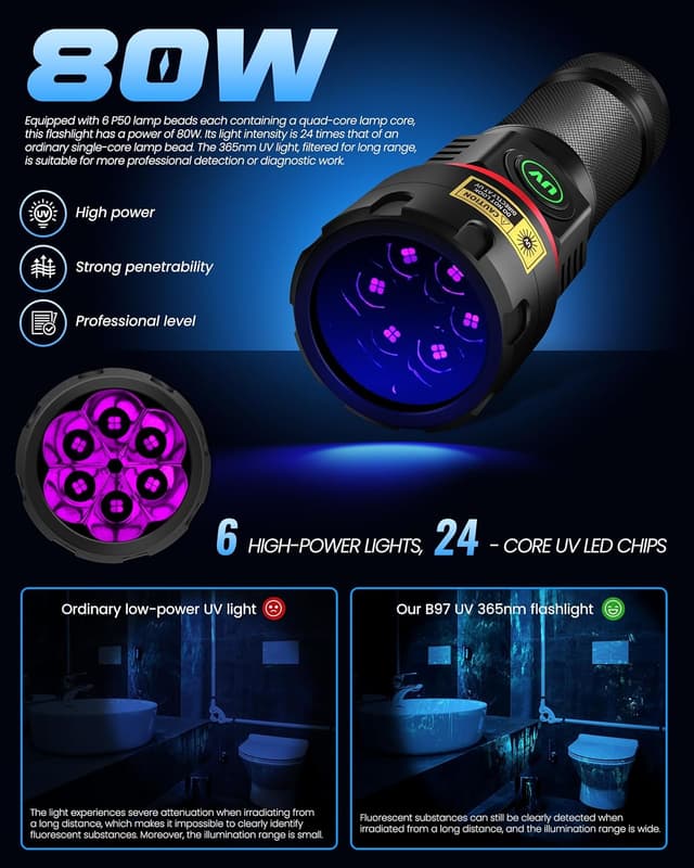 Detalle 2 de DARKBEAM UV Taschenlampe Schwarzlicht 365 nm (6xLED, 80 W) USB-wiederaufladbar