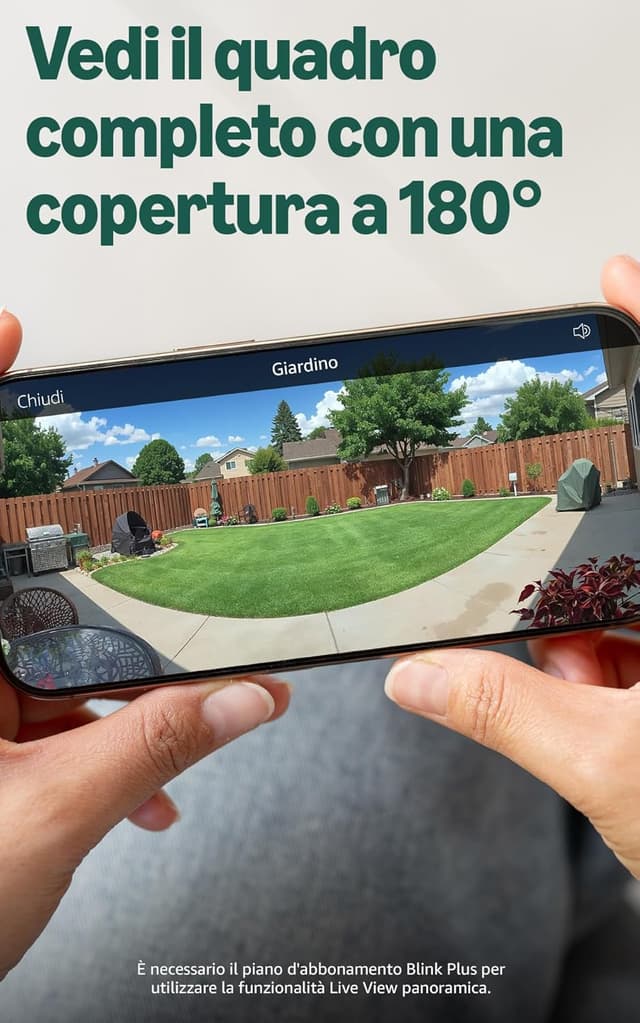 Detalle de Blink Arc (ultimo modello) con supporto plug-in e visione panoramica 180° per 2 videocamere Mini 2K+ | Kit completo nero