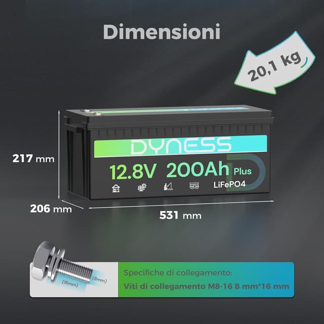 Detalle 2 de Dyness 12V 200Ah LiFePO4 batteria per camper e nautica