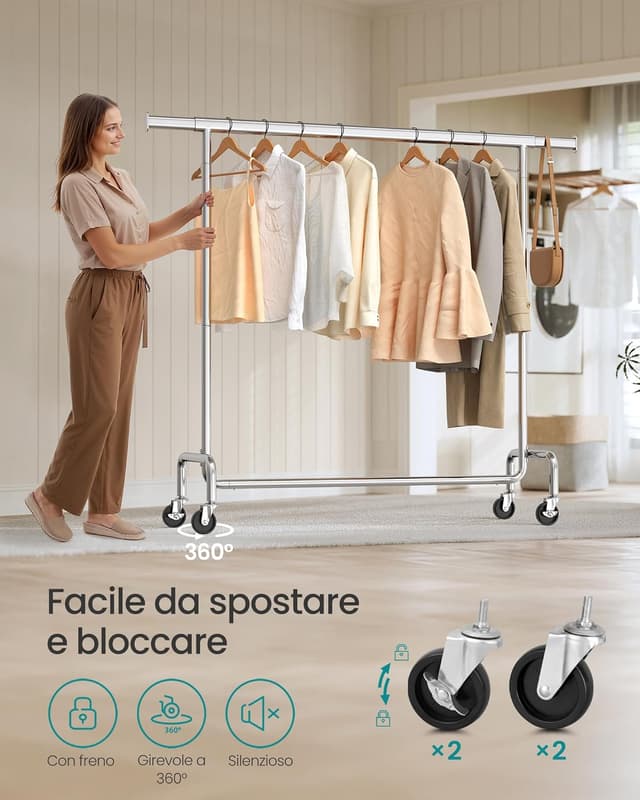 Detalle de SONGMICS HSR11S stand appendiabiti con rotelle e barra estensibile, portata 130 kg