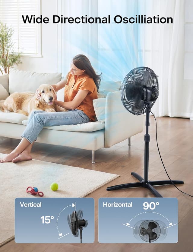 Detalle de PELONIS 16-inch Pedestal Fan with 90° Oscillation, 3 Speeds & Adjustable Height (Black) for Bedroom and Home Office