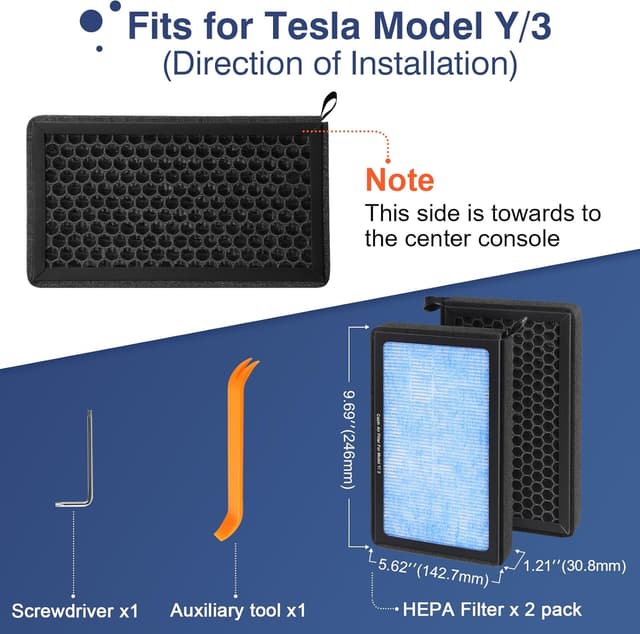 Detalle de Tesla Model 3 / Model Y HEPA Cabin Air Filter (HEPA + Activated Carbon) 2-Pack for 2016–2025
