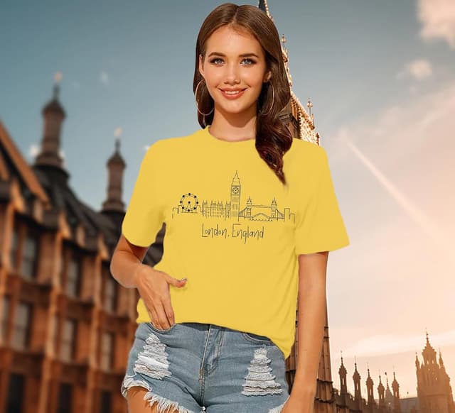 Detalle 2 de Qskall Women’s London England T‑Shirt with London Skyline Print (Crew Neck)